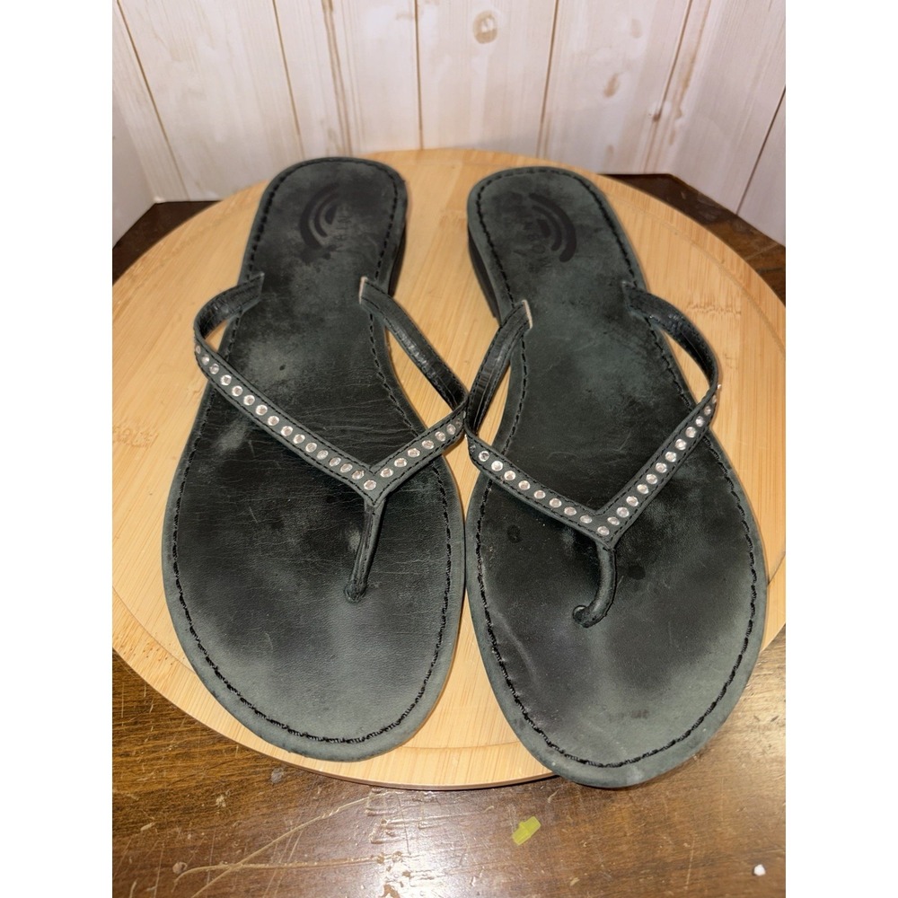 black leather Rainbow Sandals with rhinestones Slight Heel 7.5/8